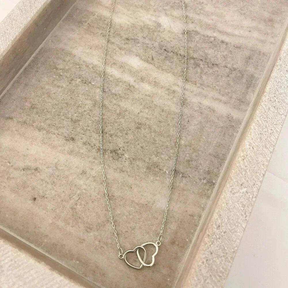 925 Sterling Silver Double Heart Linked Necklace Interlocking Hearts Necklace - Picture 5 of 15
